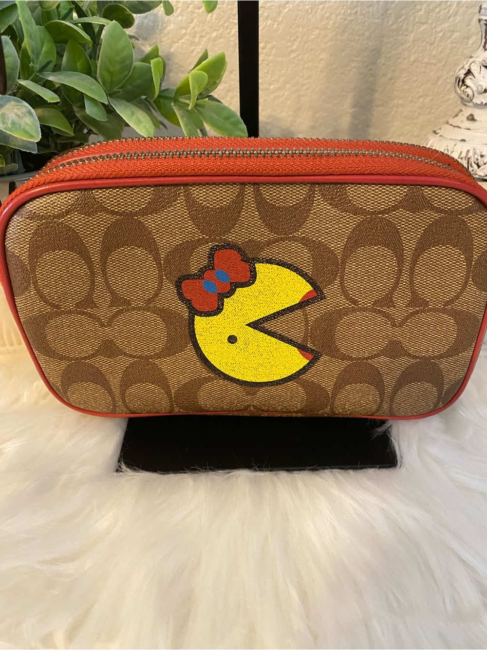 Coach Brown Signature Canvas Crossbody with Red Trim and Miss Pac-Man Graphic - Picture 3 of 15